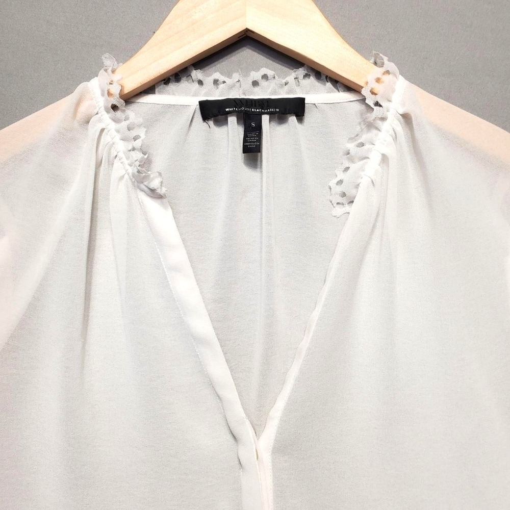 White House Black Market Sheer Ruffle Blouse Womens S White Chiffon Romantic - Picture 4 of 10